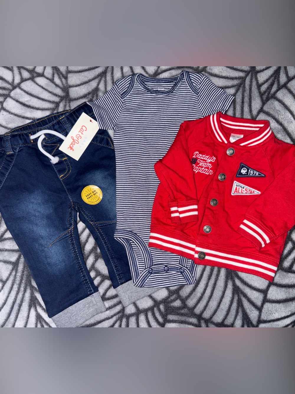 Carter's Red Varsity Jacket with Navy Stripe Bodysuit & Denim Pants Size 6 Month